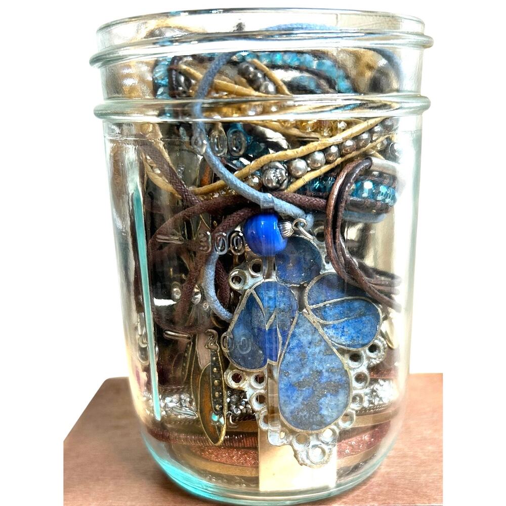 Jewelry Jar Natural Tones Boho Necklaces Earrings Bracelets Good Condition